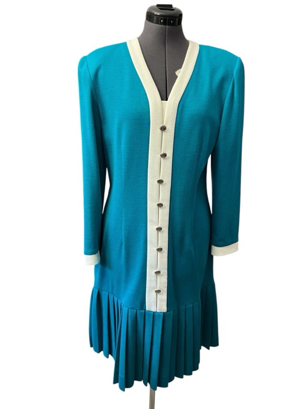 Vintage Teal Dress with White Trim and Pleated Hem